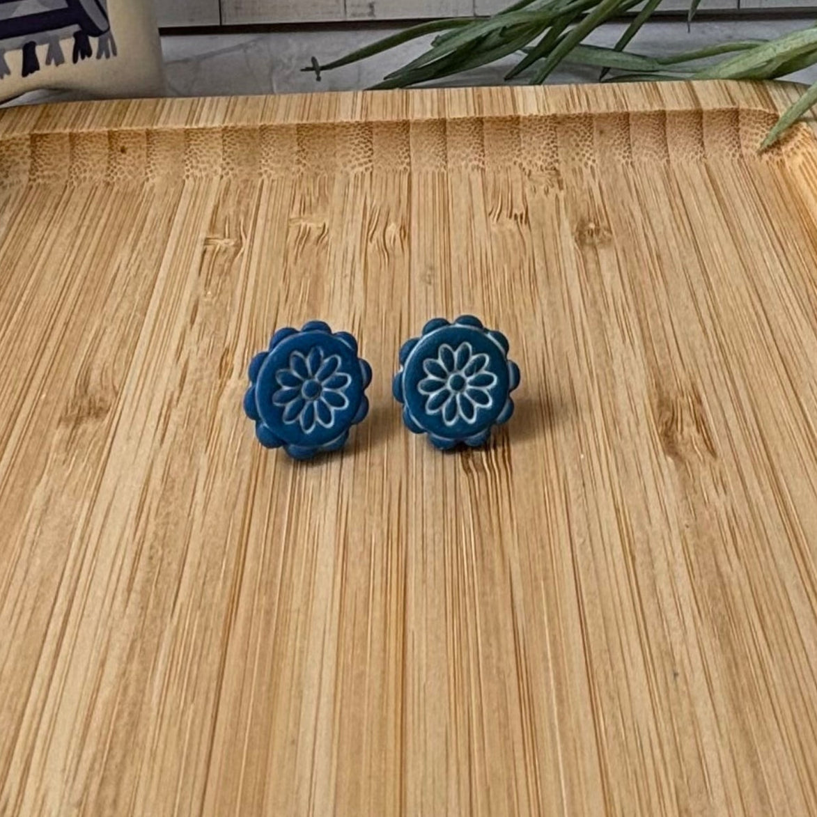 Handmade Zorba scalloped floral polymer clay stud earrings in cobalt Blue and white from the Little Lis Studio Aegean Collection.