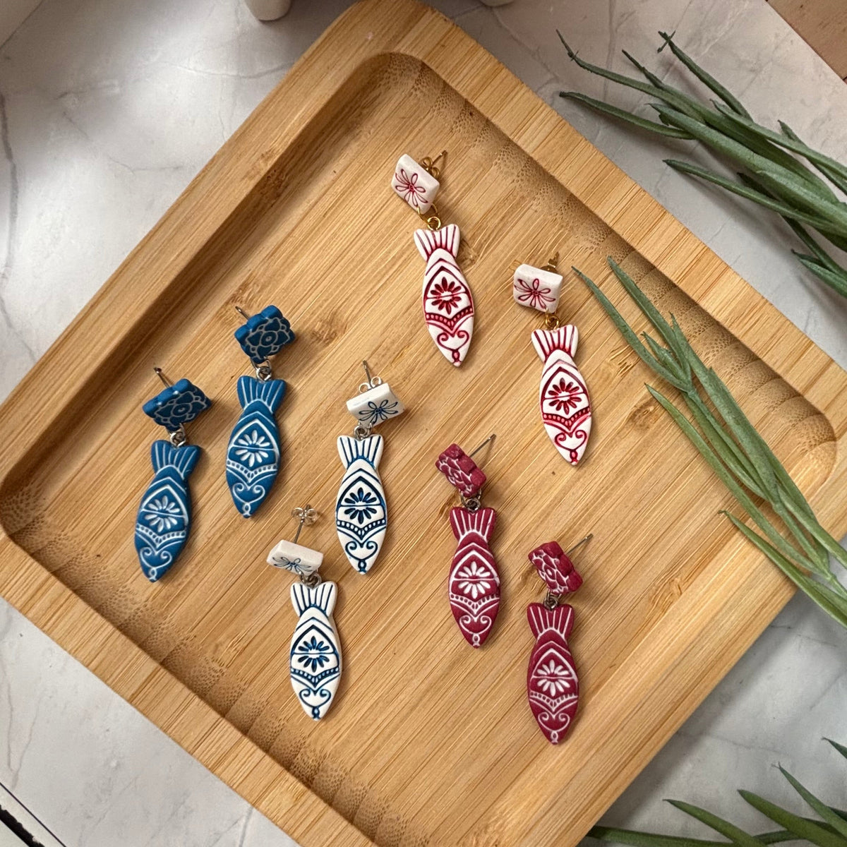 Handmade Kyma Fish polymer clay dangle earrings with Mediterranean-inspired detailing, Aegean Collection in 4 colours