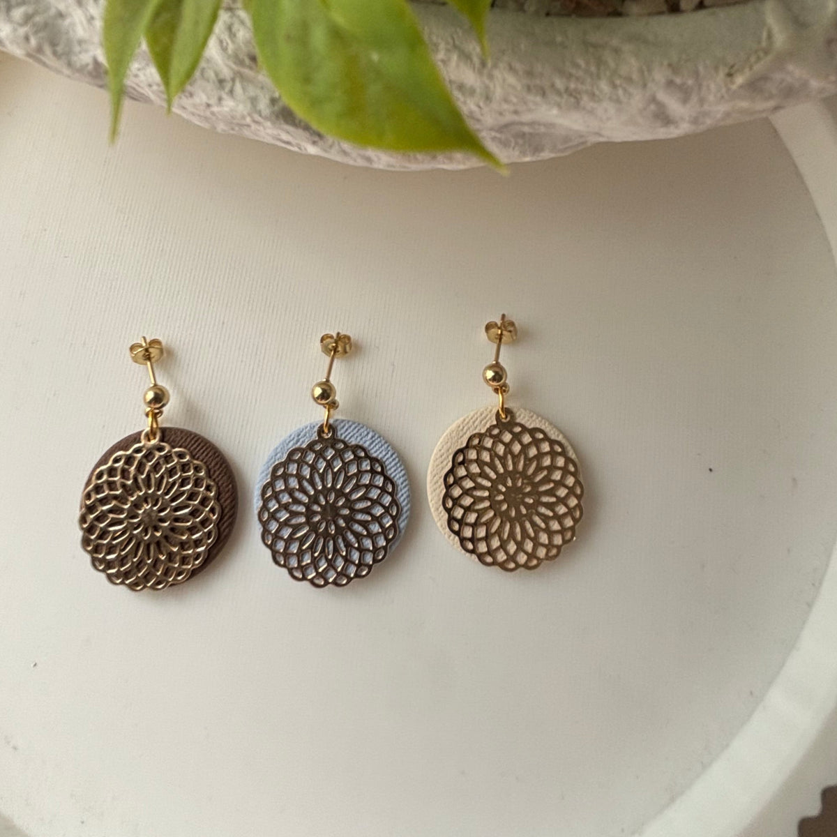 Leni filigree polymer clay earrings in Espresso Mocha, Mist Blue and Butter Cream by Little Lis Studio