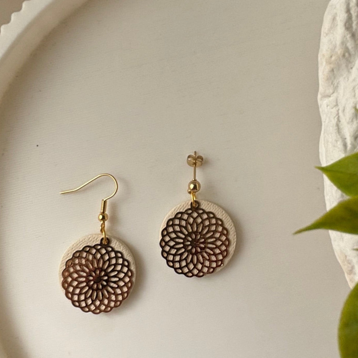 Leni Butter Cream polymer clay earrings with gold filigree simple hooks and ball studs