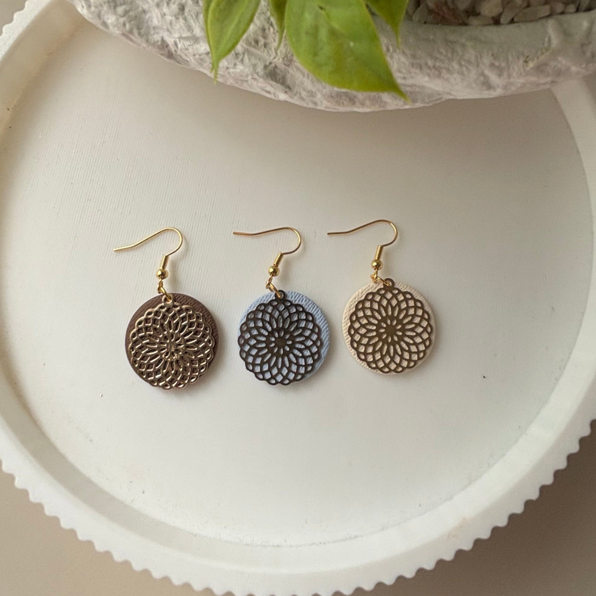 Leni polymer clay filigree earrings in three colours with gold hook findings by Little Lis Studio
