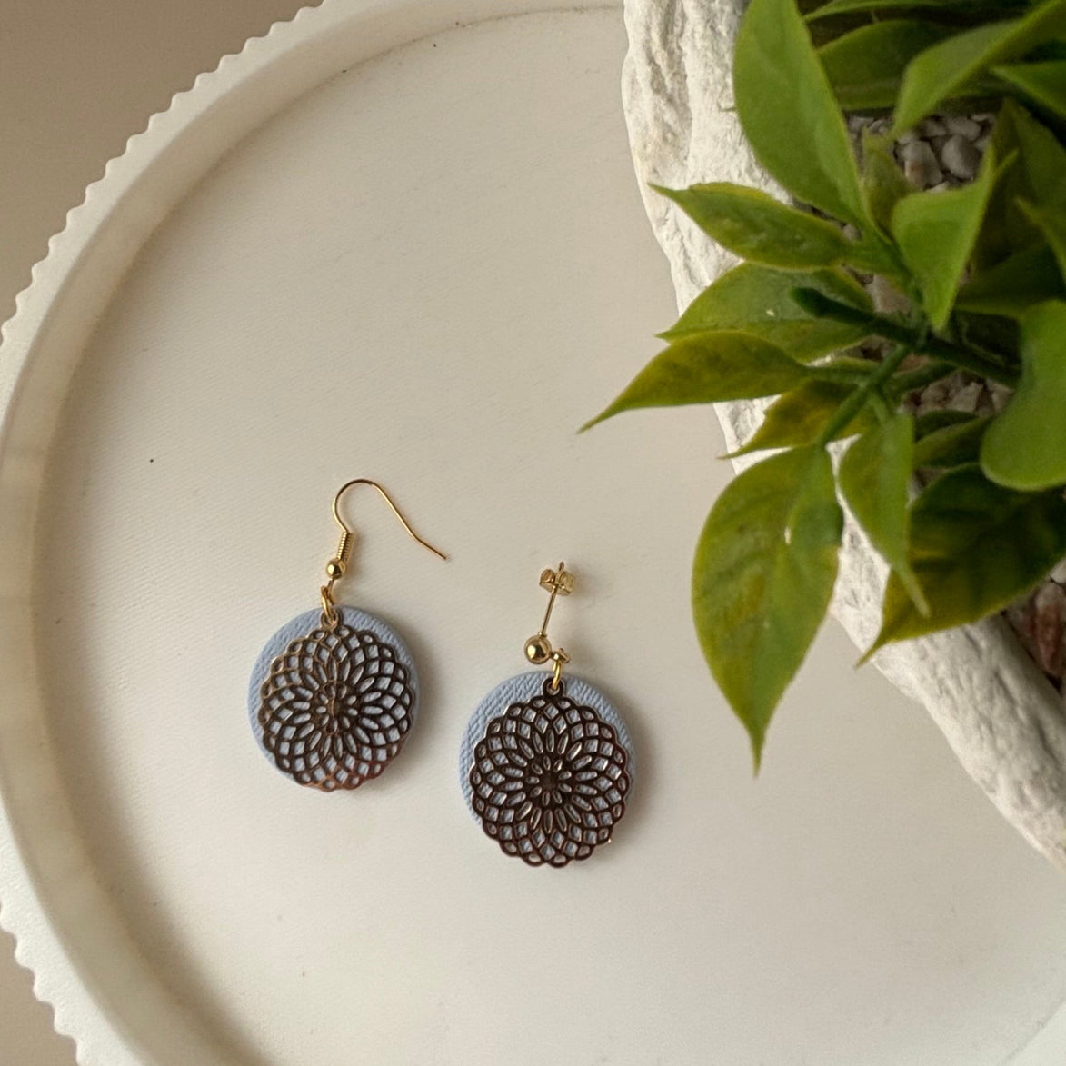Leni Mist Blue filigree polymer clay earrings with gold hook and ball studs by little lis studio