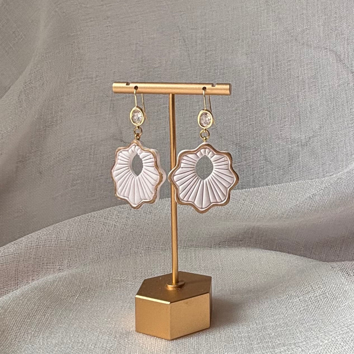 Pearl White handmade polymer clay Lisette earrings for weddings and special occasions