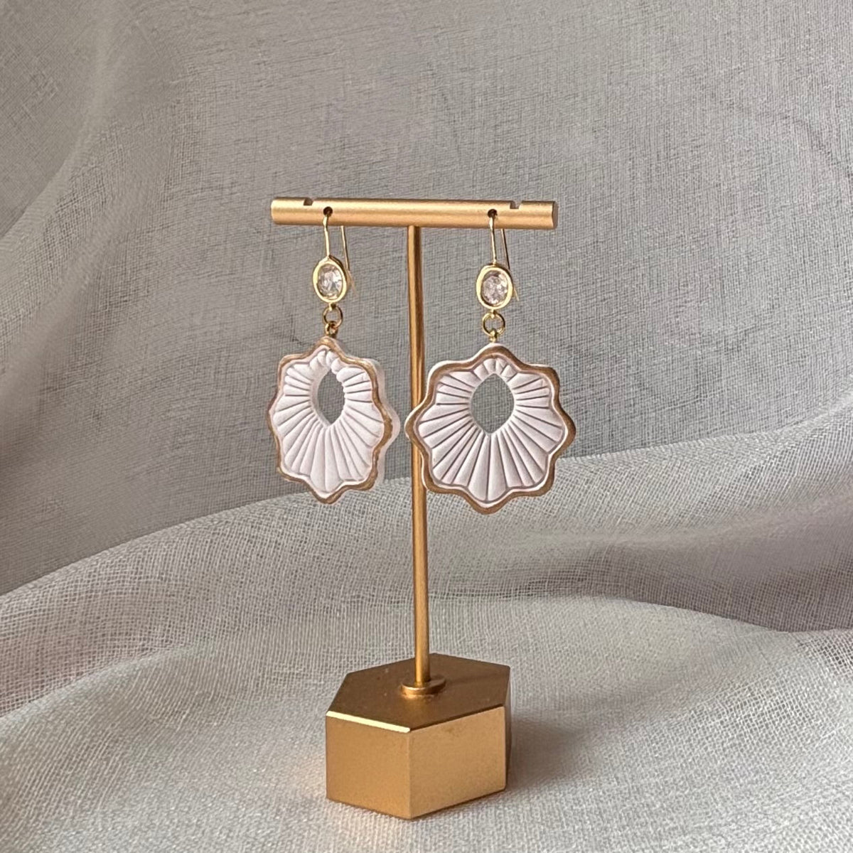 Pearl White handmade polymer clay Lisette earrings for weddings and special occasions
