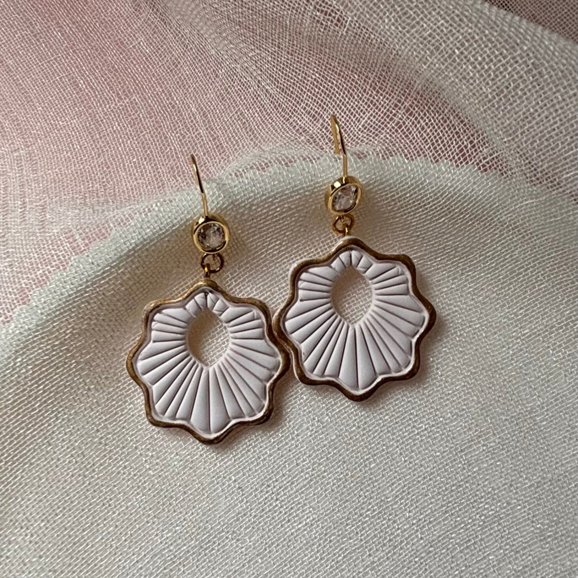 Pearl White handmade polymer clay Lisette earrings for weddings and special occasions