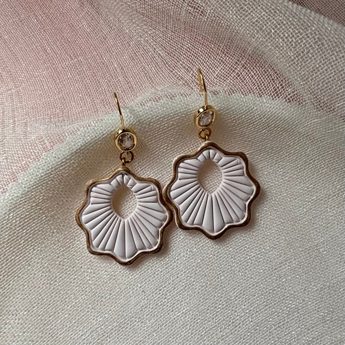 Pearl White handmade polymer clay Lisette earrings for weddings and special occasions