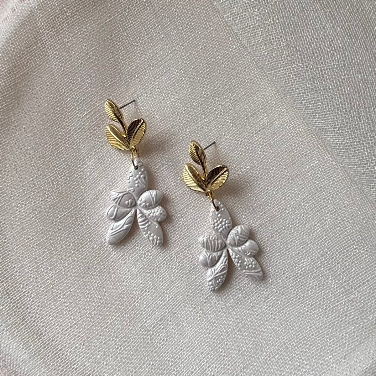Pearl White handmade polymer clay Lucienne earrings for weddings and special occasions