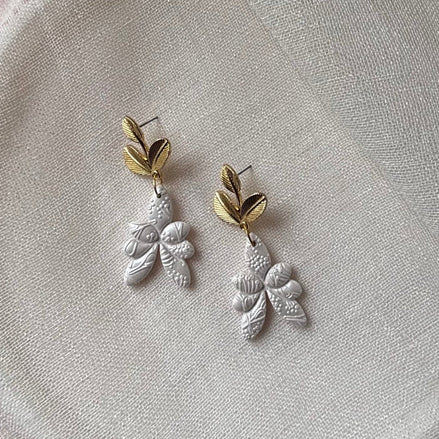 Pearl White handmade polymer clay Lucienne earrings for weddings and special occasions