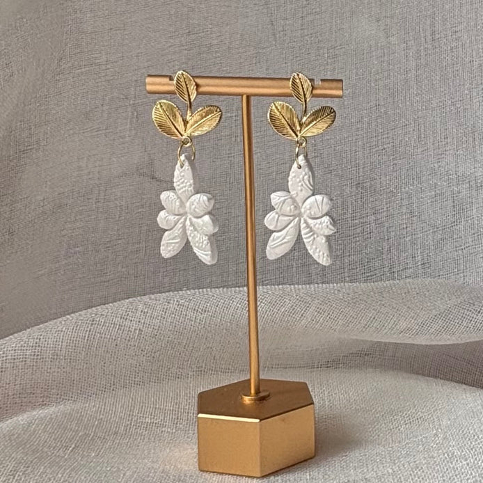 Pearl White handmade polymer clay Lucienne earrings for weddings and special occasions