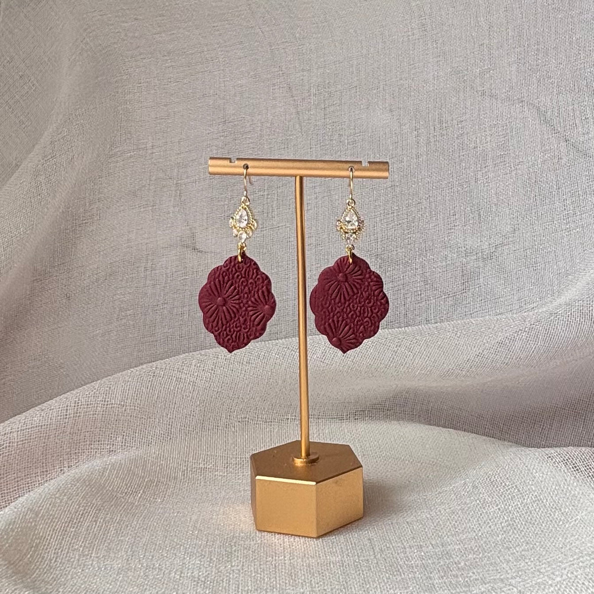 Burgundy handmade polymer clay Margot earrings for weddings and special occasions
