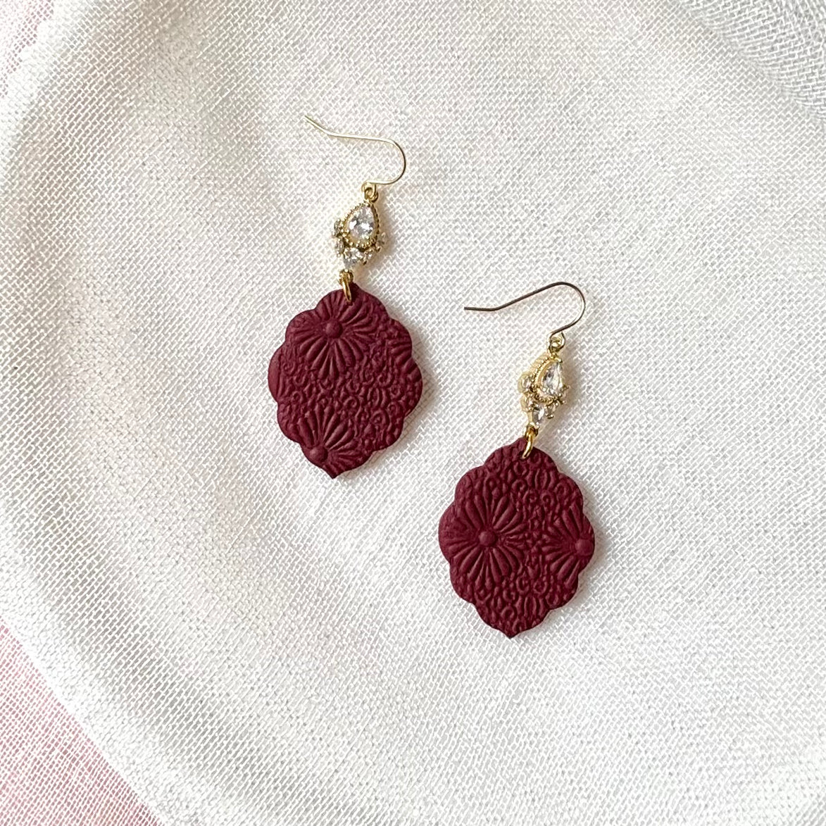 Burgundy handmade polymer clay Margot earrings for weddings and special occasions