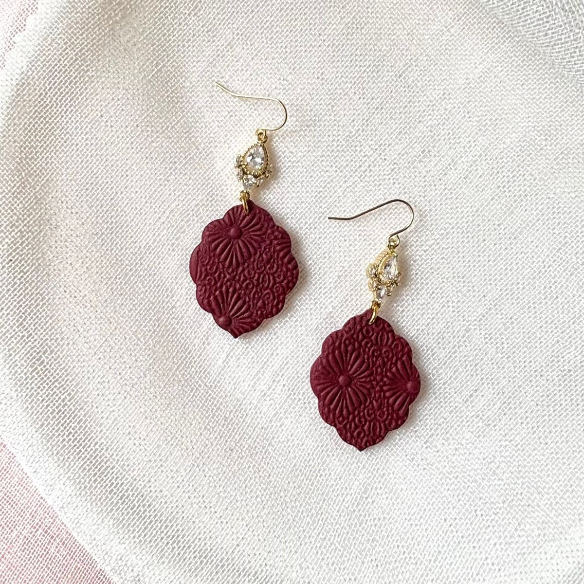 Burgundy handmade polymer clay Margot earrings for weddings and special occasions
