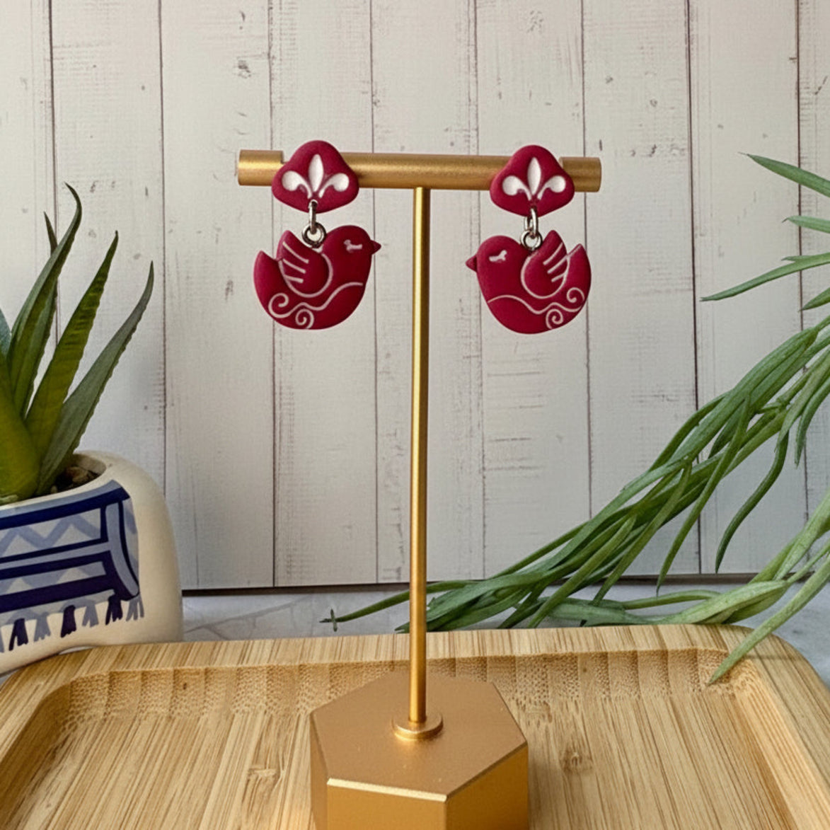 Nisi Bird Mediterranean polymer clay dangle earrings in red and white by Little Lis Studio.