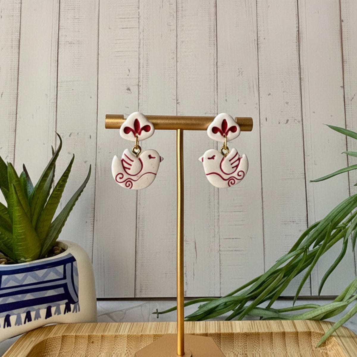 Nisi Bird Mediterranean polymer clay dangle earrings in white and red by Little Lis Studio.