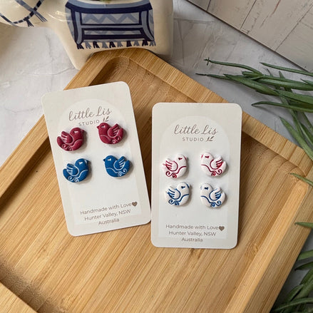 Handmade Nisi Bird Mediterranean polymer clay stud earrings by Little Lis Studio.