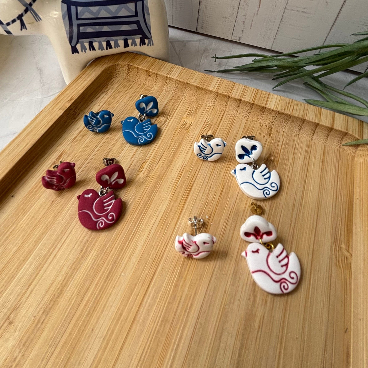 Handmade Nisi Bird Mediterranean polymer clay stud and dangle earrings by Little Lis Studio