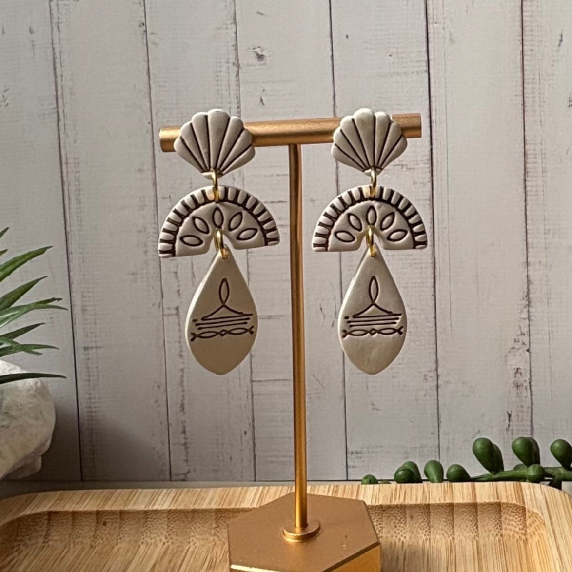 Prairie statement dangle earrings in ivory with brown inlay part of the boots and blooms collection by Little Lis Studio