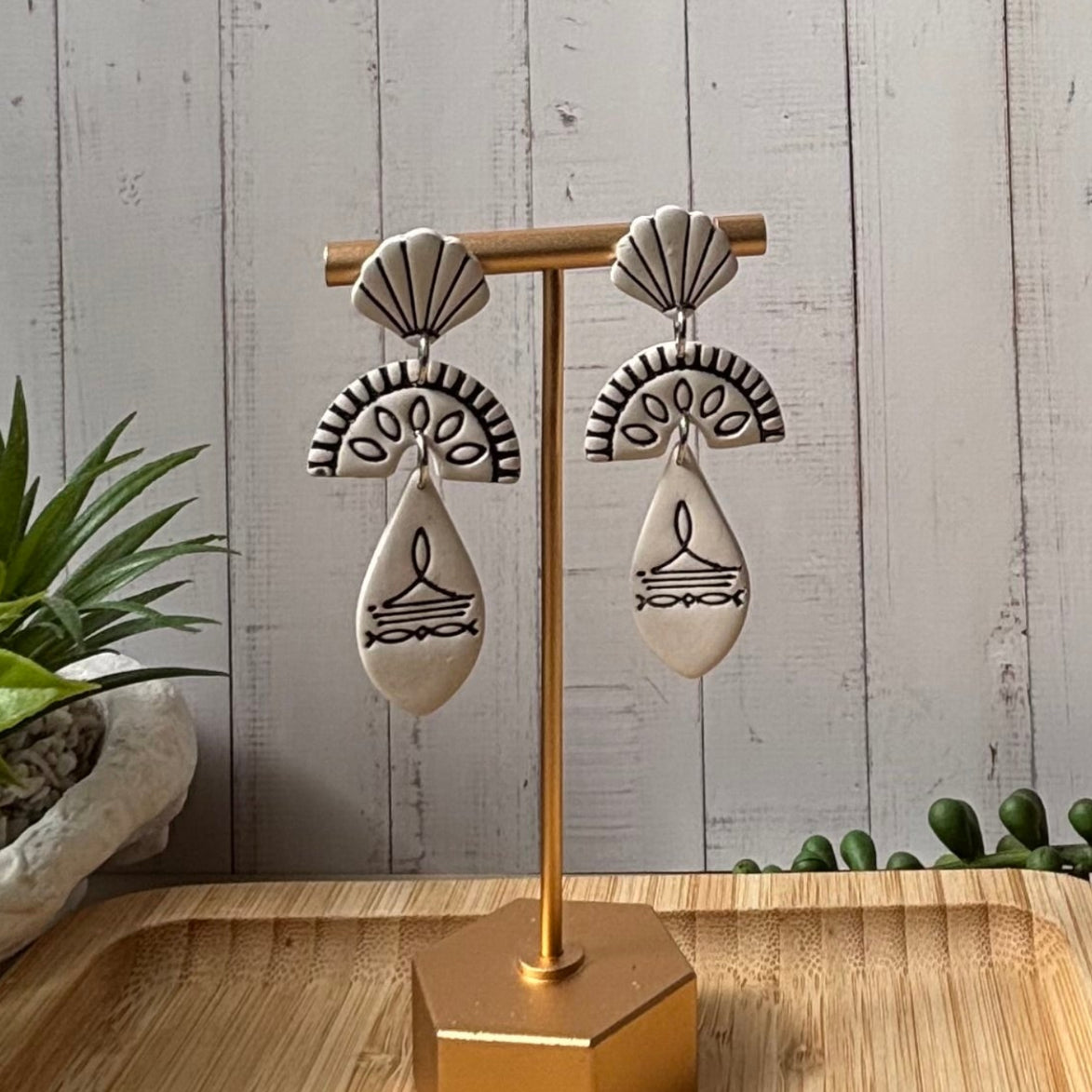 Prairie statement dangle earrings in ivory with Black inlay part of the boots and blooms collection by Little Lis Studio