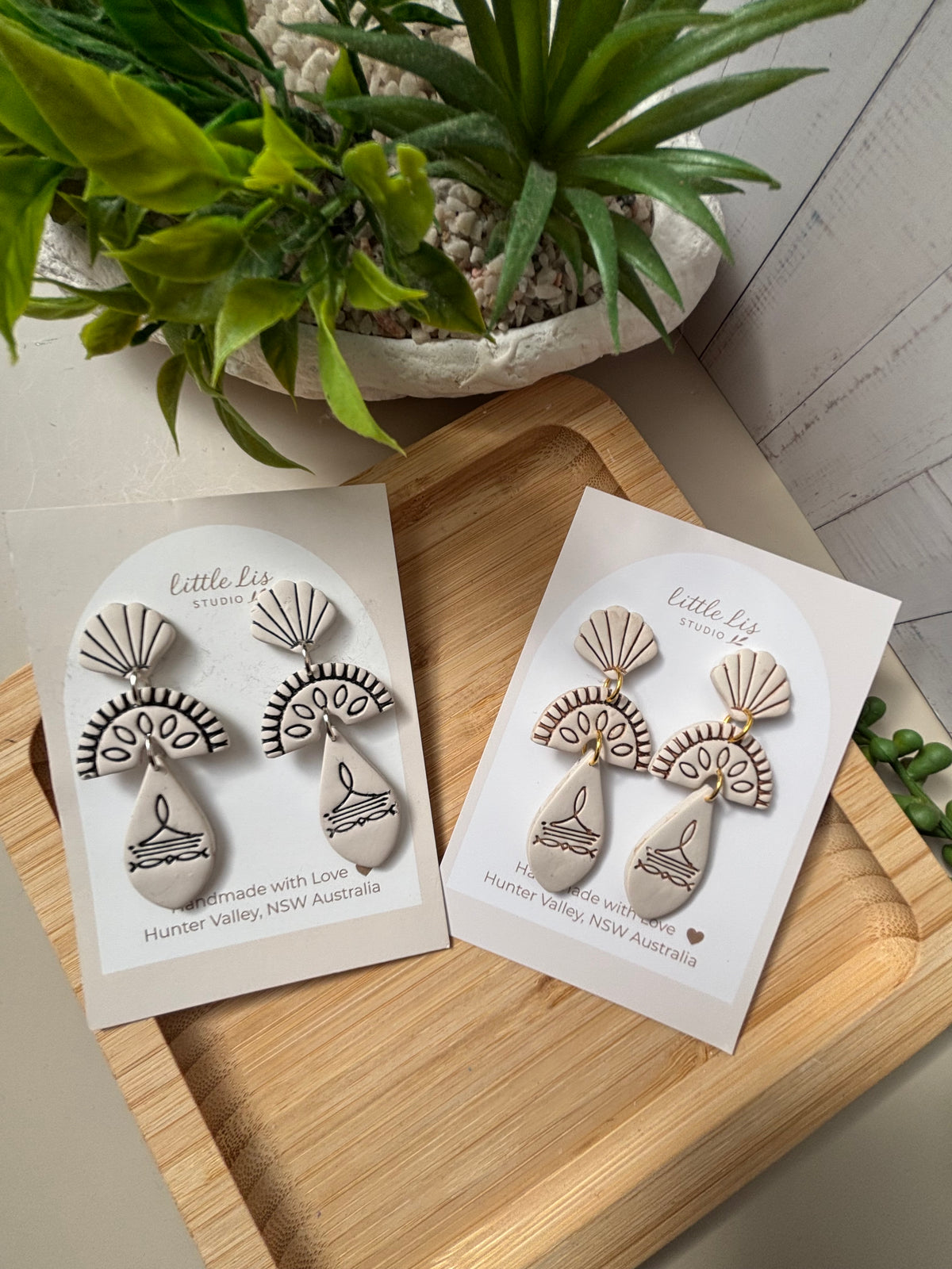 Prairie statement dangle earrings in ivory/brown or ivory/black inlay part of the boots and blooms collection by Little Lis Studio