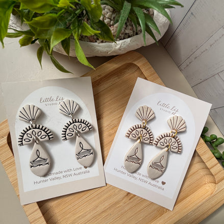 Prairie statement dangle earrings in ivory/brown or ivory/black inlay part of the boots and blooms collection by Little Lis Studio