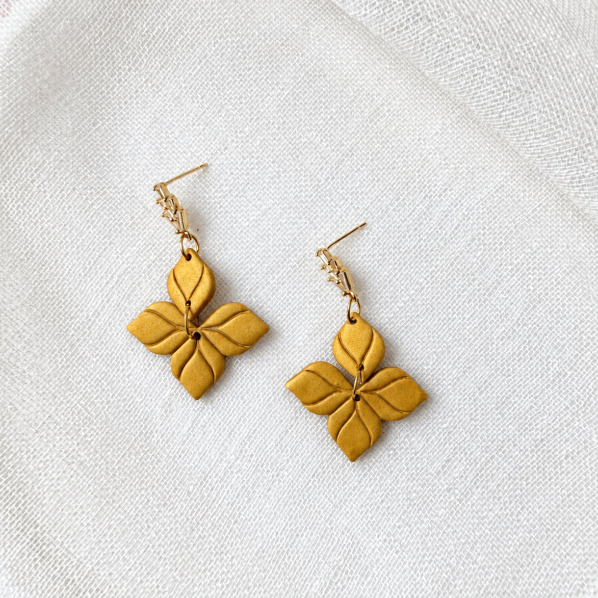 Gold handmade polymer clay Saffron earrings for weddings and special occasions