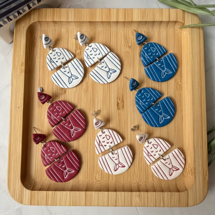 Handmade Santorini Sardines Mediterranean fish statement earrings by Little Lis Studio.