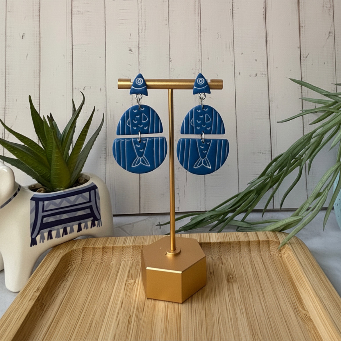 Handmade Santorini Sardines Mediterranean fish statement earrings in cobalt blue by Little Lis Studio.
