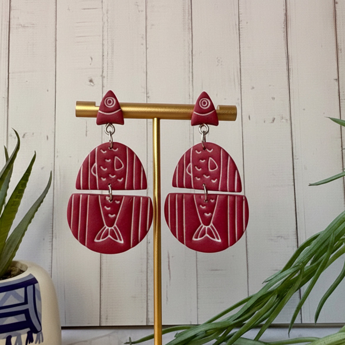 Handmade Santorini Sardines Mediterranean fish statement earrings in red and white by Little Lis Studio.