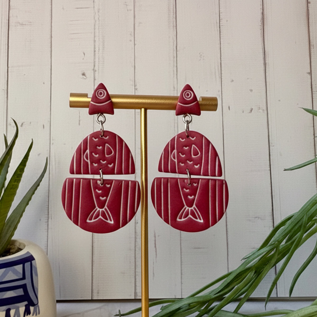 Handmade Santorini Sardines Mediterranean fish statement earrings in red and white by Little Lis Studio.