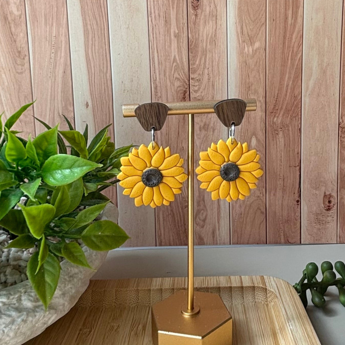 Yellow sunflower dangle earrings with brown wooden stud top and dark brown centers, by little lis studio