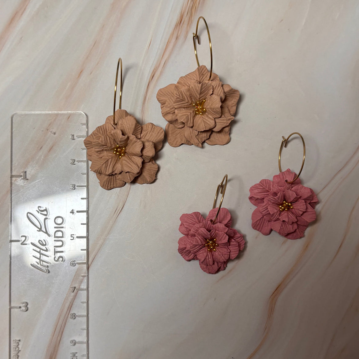 Tilly in Medium or large handmade flower hoop earrings by little lis stiudio in natural tan and vintage rose pink ruler shows true size on 20mm or 25mm hoops in silver or gold
