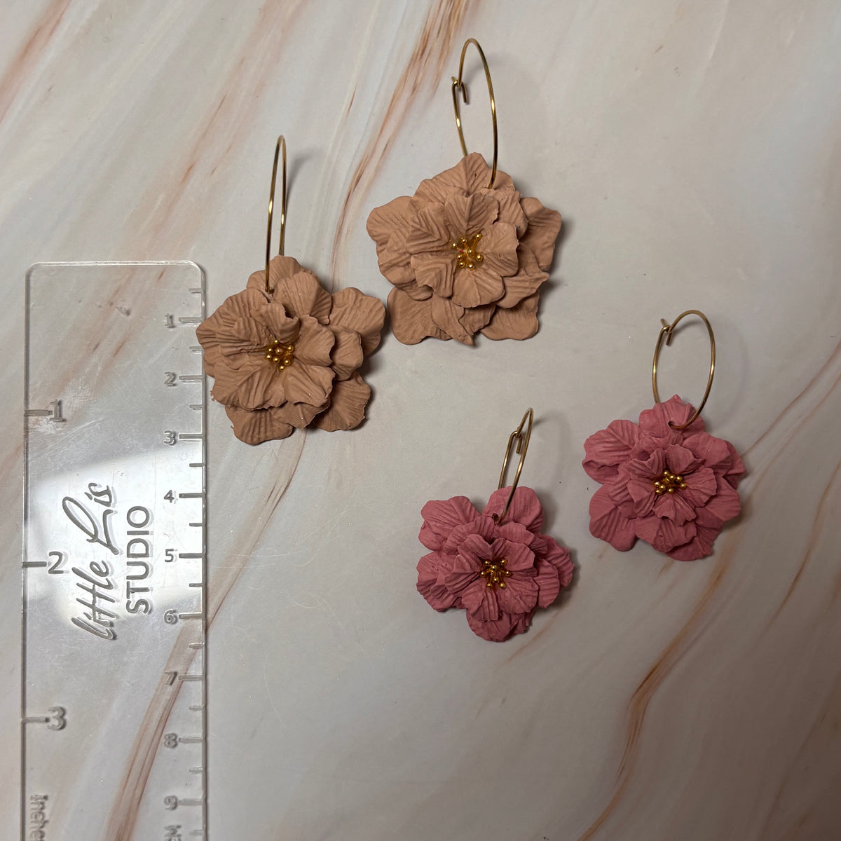 Tilly in Medium or large handmade flower hoop earrings by little lis stiudio in natural tan and vintage rose pink ruler shows true size on 20mm or 25mm hoops in silver or gold