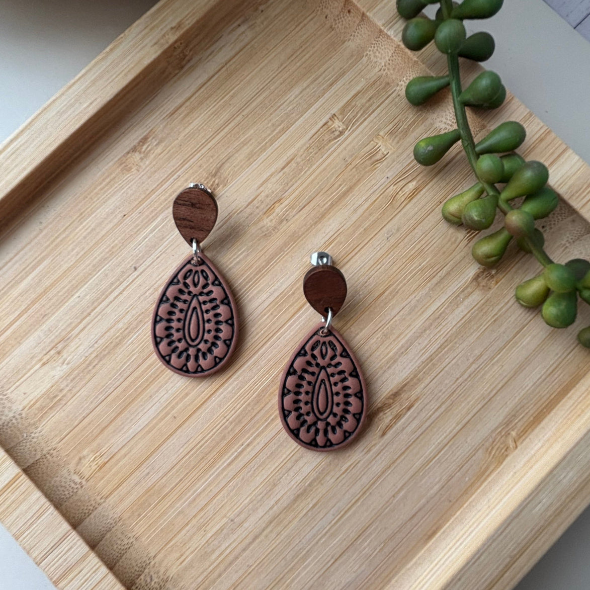 Willow western teardrop polymer clay earrings with timber-look tops by Little Lis Studio.