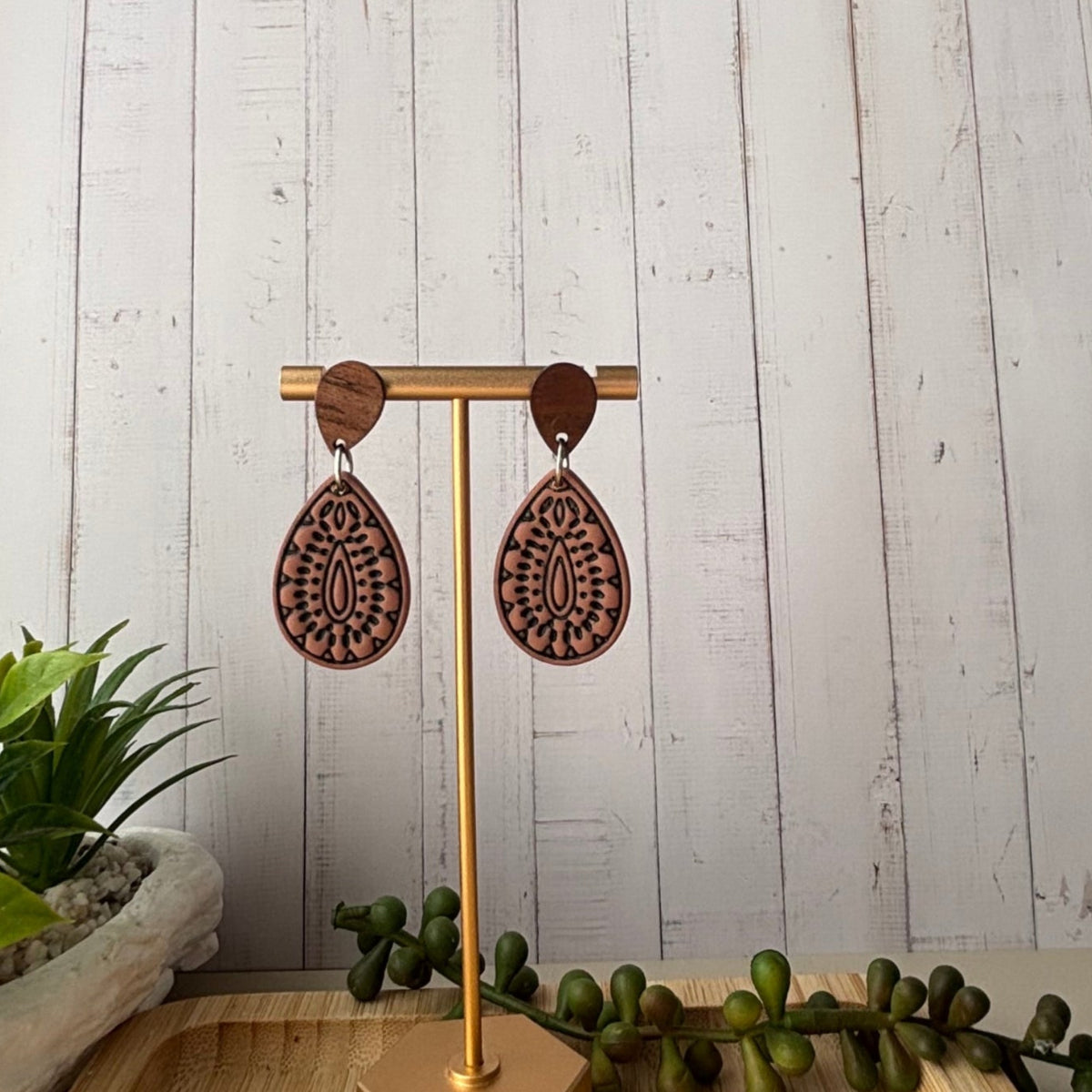 Willow western teardrop polymer clay earrings with timber-look tops by Little Lis Studio.