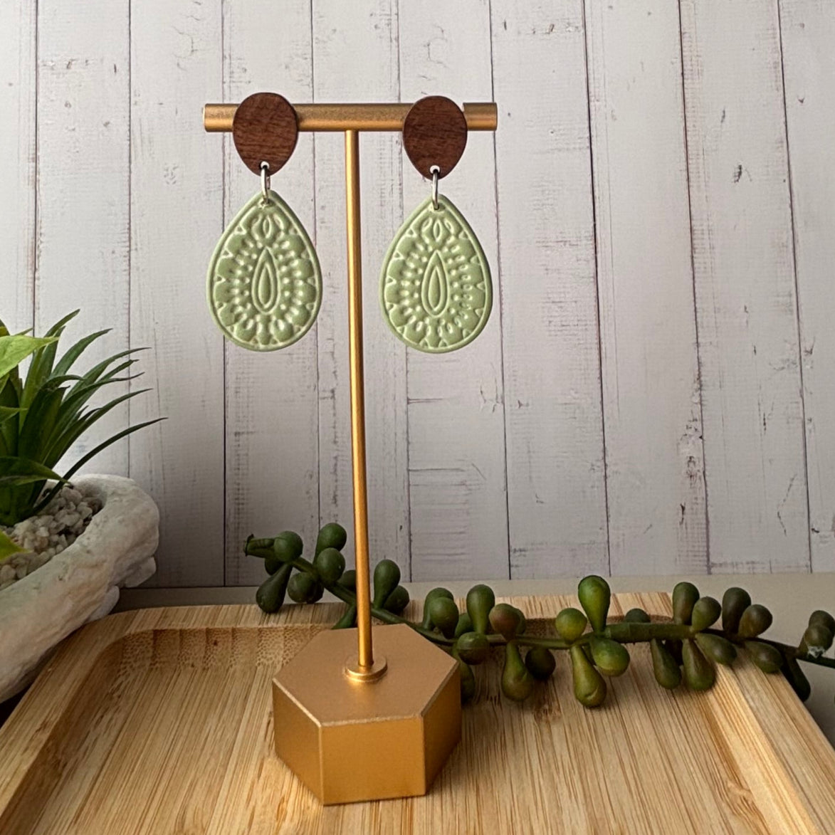 Willow western teardrop polymer clay earrings with timber-look tops by Little Lis Studio.
