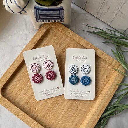 Handmade Zorba scalloped floral polymer clay stud earrings from the Little Lis Studio Aegean Collection.